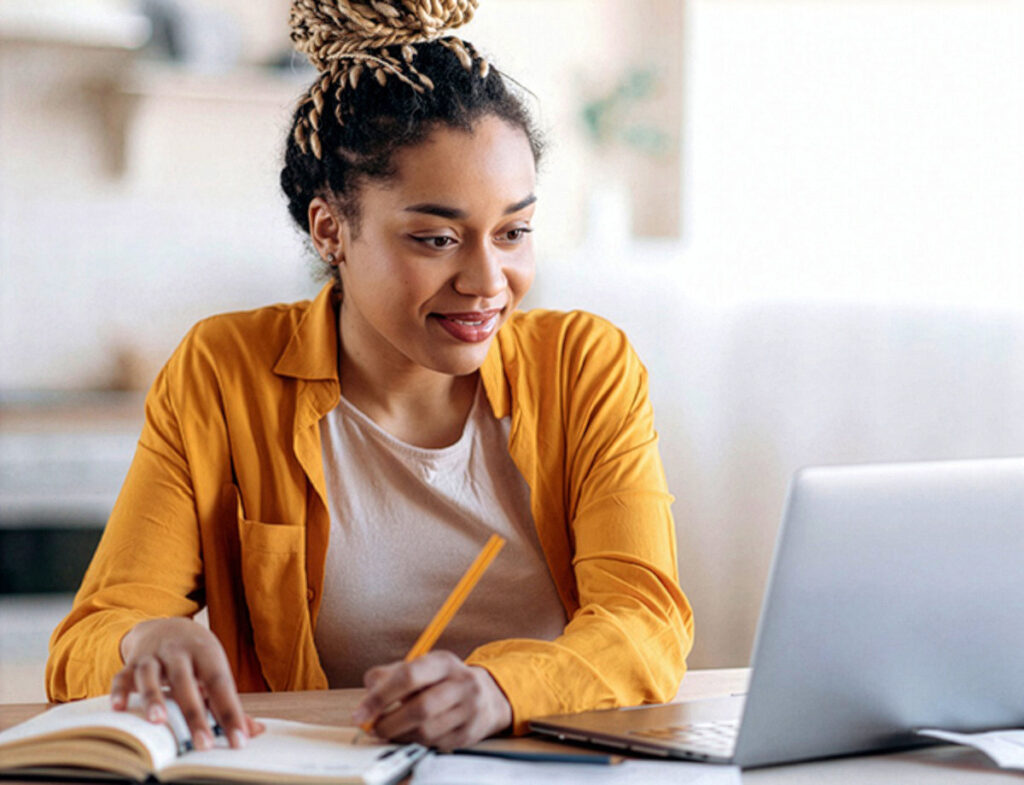 A woman shopping for college expenses